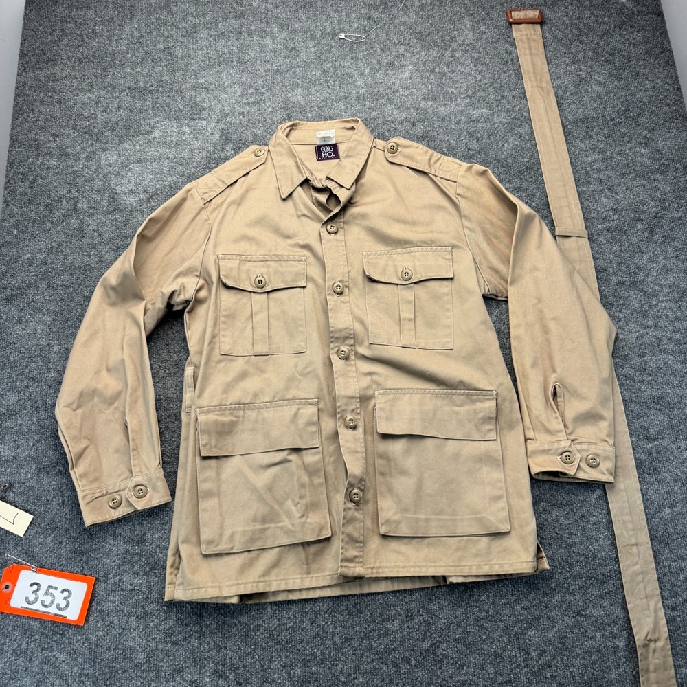 Vtg Gung Ho Safari Utility Field Jacket Mens Medium Khaki Belted Button Front